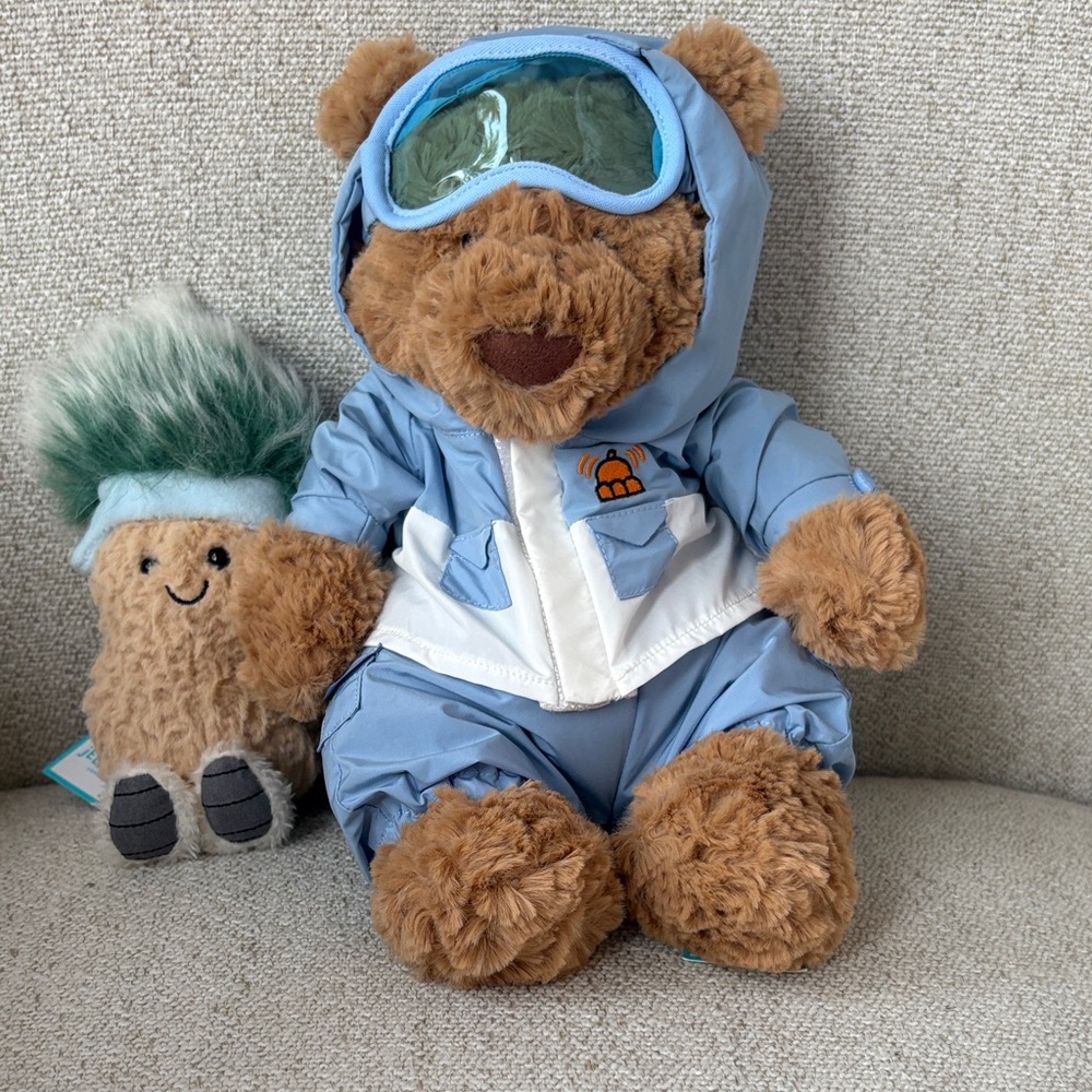 Jellycat SE Blue Ski Bear Plush with Goggles & Peanut Plush. Collectors item